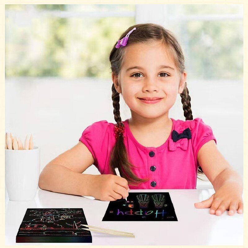 Red Rainbow Scratch Art Paper Notes 200 Sheets – 2 Pack Kids DIY Drawing Kit with Wooden Styluses