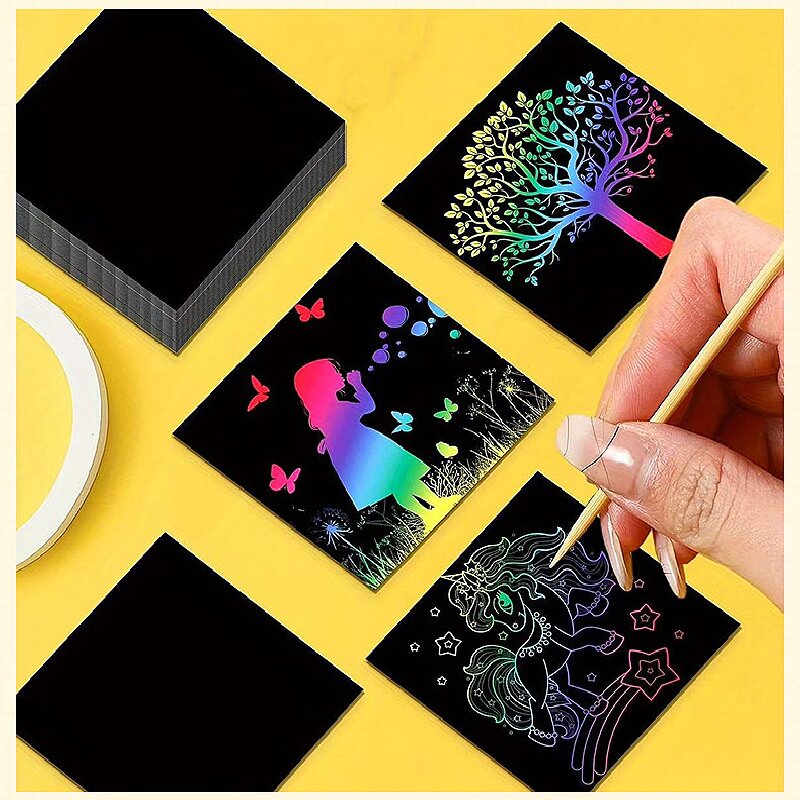 Red Rainbow Scratch Art Paper Notes 200 Sheets – 2 Pack Kids DIY Drawing Kit with Wooden Styluses