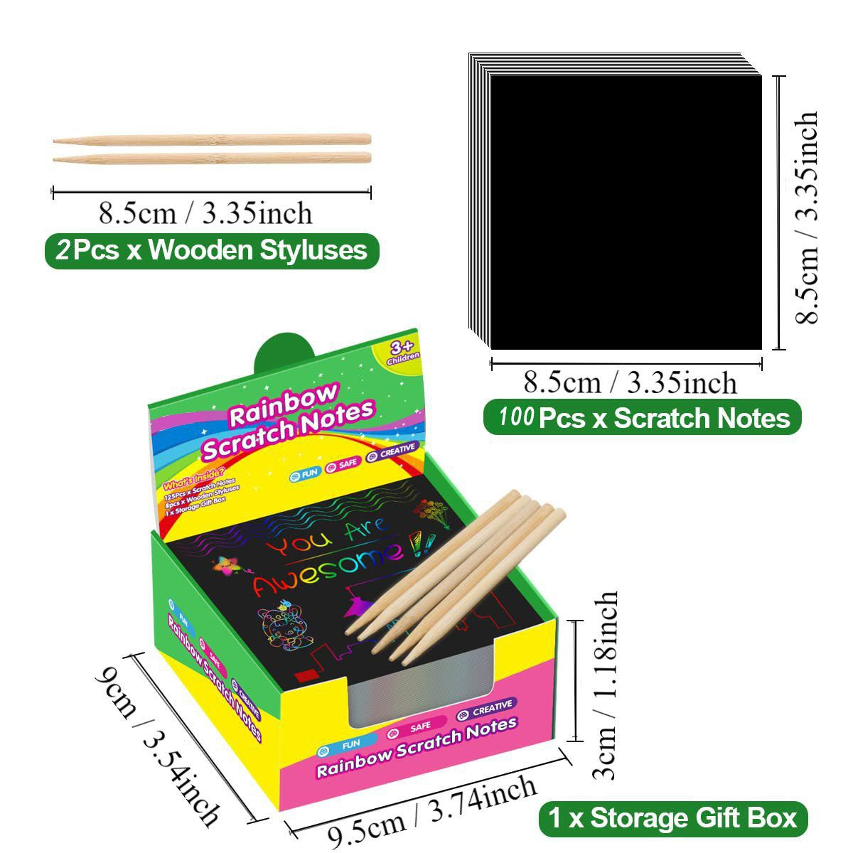 Red Rainbow Scratch Art Paper Notes 200 Sheets – 2 Pack Kids DIY Drawing Kit with Wooden Styluses