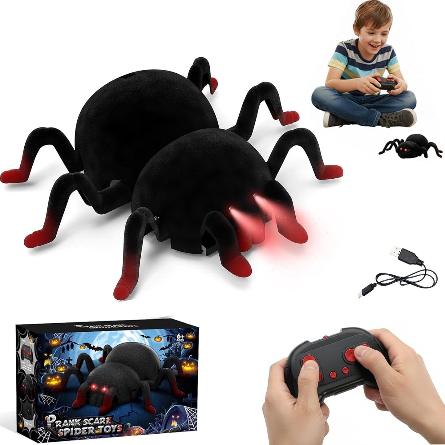 RC Wall Climbing Spider Toy – Remote Control Fuzzy Tarantula with LED Eyes & Rechargeable Battery