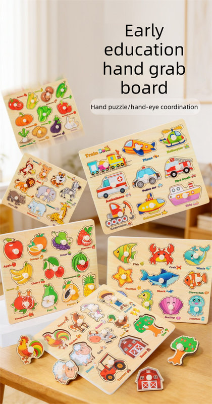 6-Pack Wooden Peg Puzzle Boards for Toddlers – Ocean, Animals, Farm, Fruit, Vegetables, & Traffic Learning Set, Fine Motor & Early Education Toy