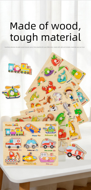 6-Pack Wooden Peg Puzzle Boards for Toddlers – Ocean, Animals, Farm, Fruit, Vegetables, & Traffic Learning Set, Fine Motor & Early Education Toy