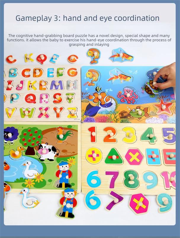 6-Pack Wooden Peg Puzzle Boards for Toddlers – Alphabet, Numbers, Shapes, Dress-Up & Everyday Objects Learning Set, Fine Motor & Early Education Toy