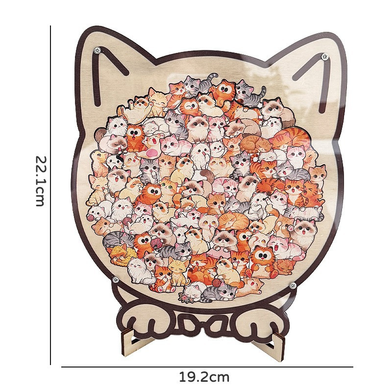 Cat-Shaped Wooden Puzzle with Stand – Cute Animal Jigsaw & Display Decor (Colourful)