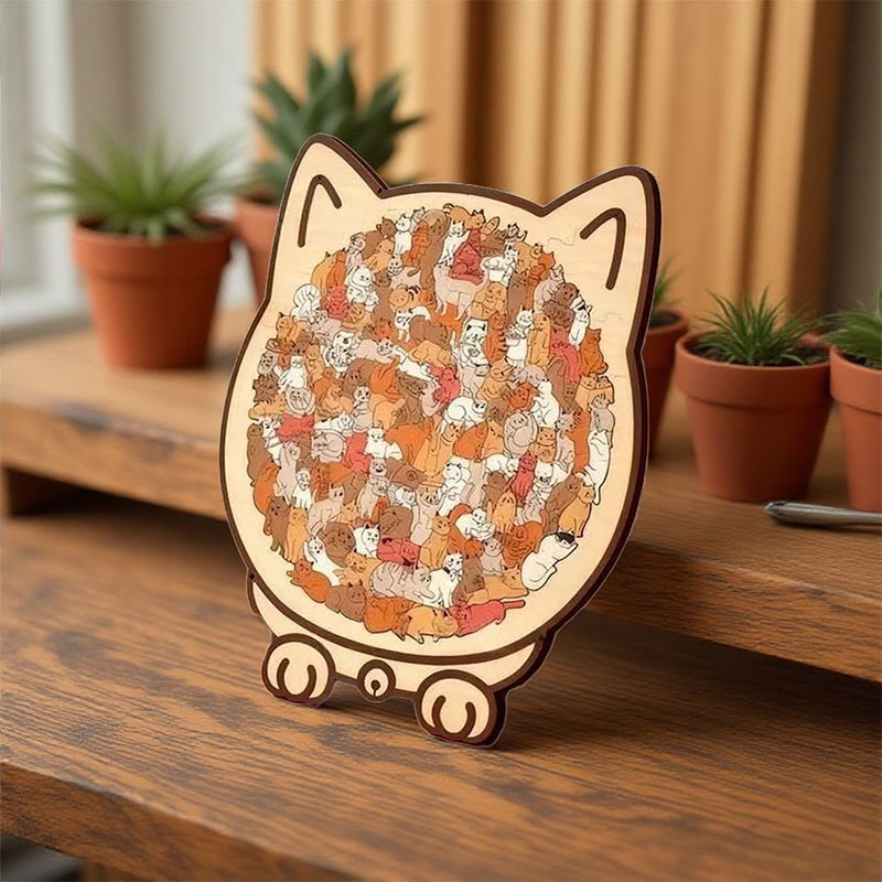Cat-Shaped Wooden Puzzle with Stand – Cute Animal Jigsaw & Display Decor (Colourful)