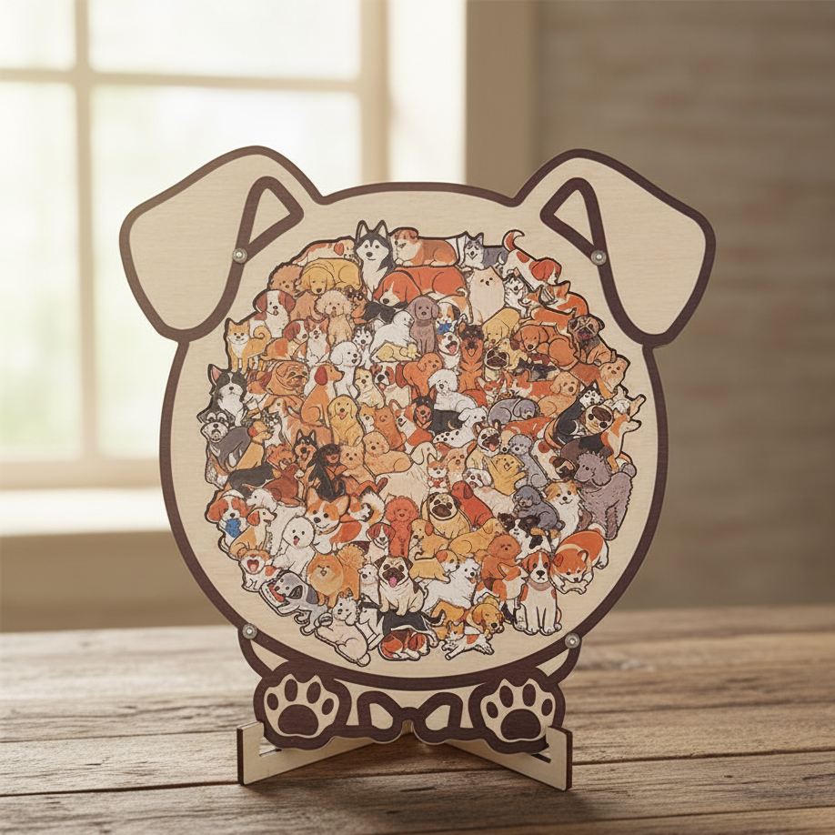 Puppy-Shaped Wooden Puzzle with Stand – Cute Animal Jigsaw & Display Decor (Colourful)