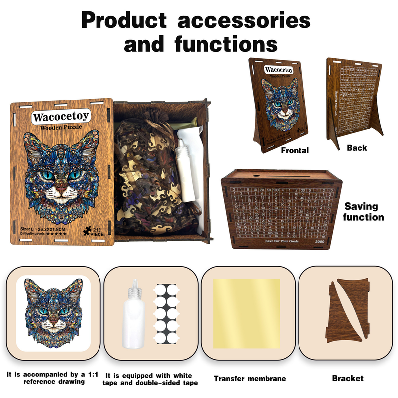 Blue-Eyed Cat Wooden Puzzle with DIY Piggy Bank – Medium (116 Pieces) Irregular Jigsaw Shape, Premium Laser-Cut Art Puzzle Gift (M Size)
