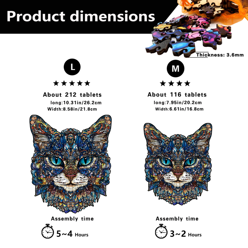 Blue-Eyed Cat Wooden Puzzle – Medium (116 Pieces) Irregular Jigsaw Shape, Premium Laser-Cut Art Puzzle Gift (M Size)