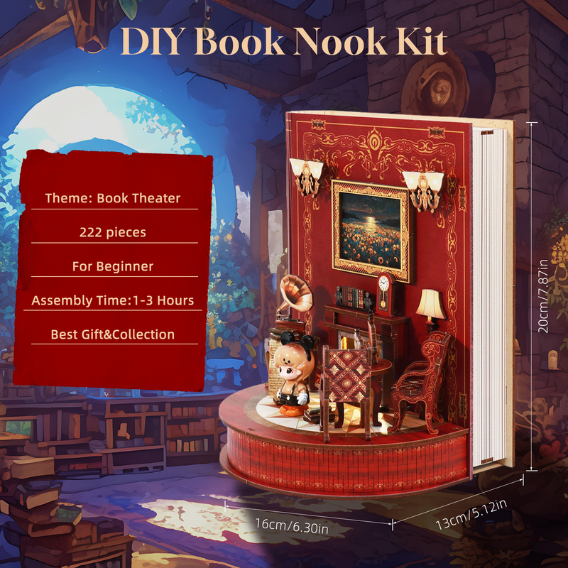 DIY Miniature Book Nook Kit – Book Theatre Wooden Bookend with LED Lights (222PCS)