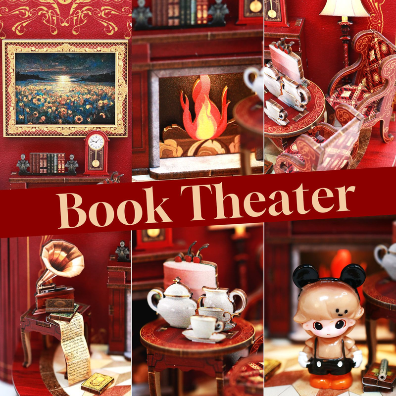 DIY Miniature Book Nook Kit – Book Theatre Wooden Bookend with LED Lights (222PCS)