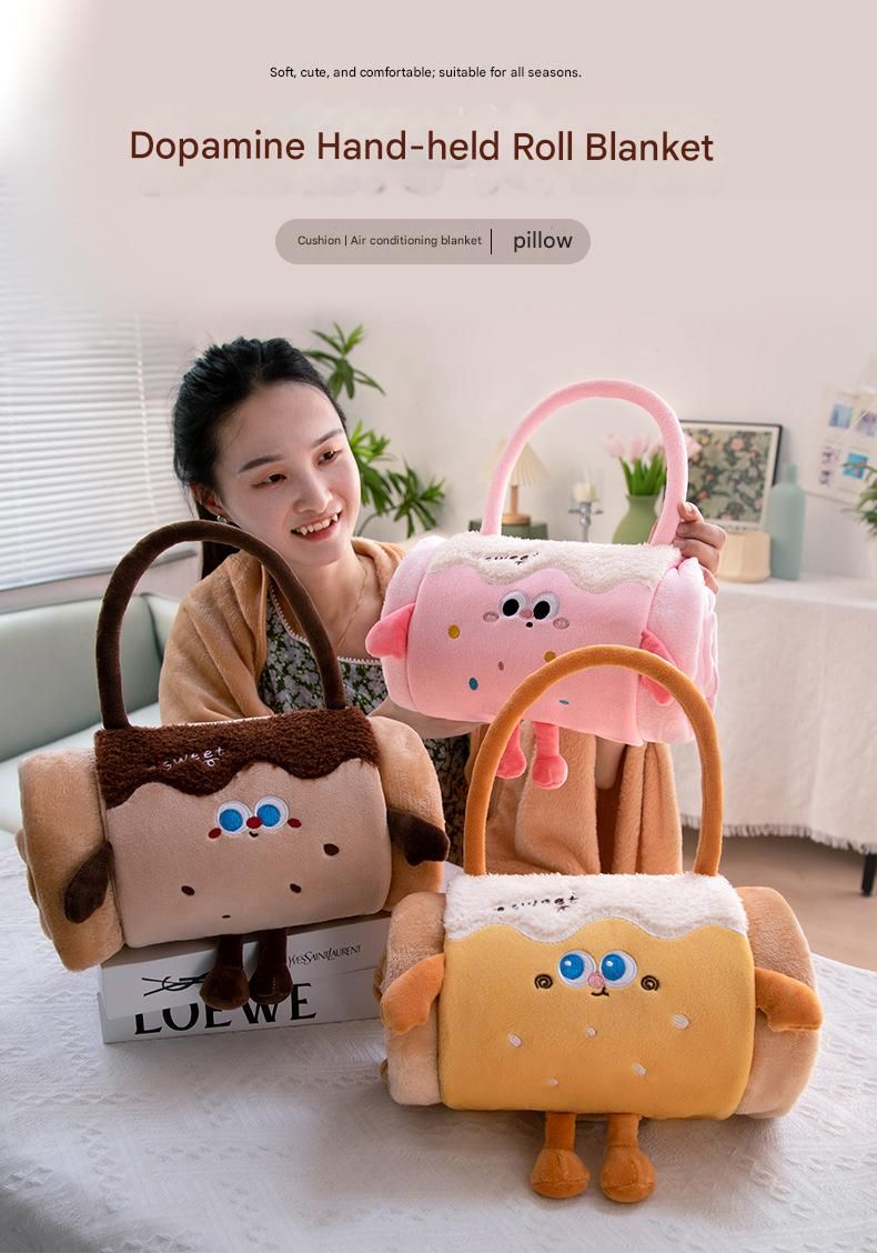 Caramel Cartoon Roll-Up Blanket & Pillow – Plush Flannel Travel Throw 100 x 170cm