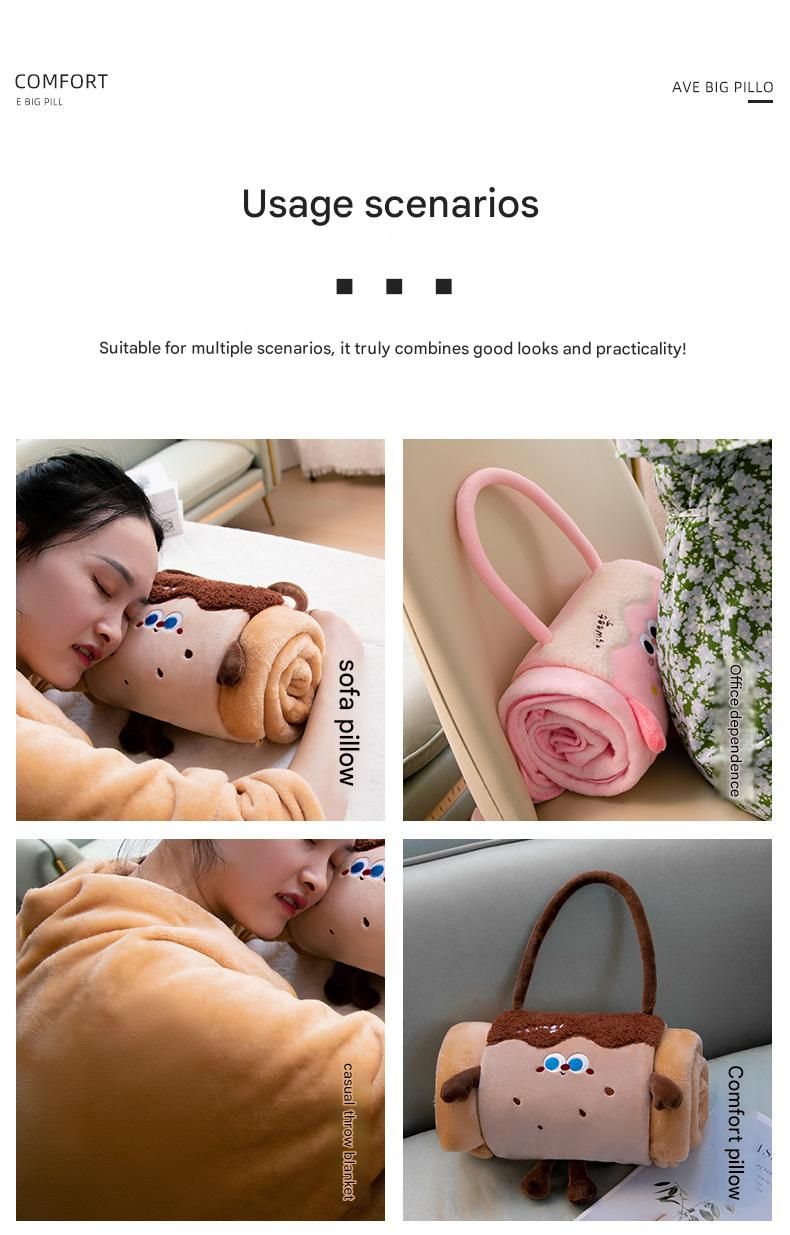 Caramel Cartoon Roll-Up Blanket & Pillow – Plush Flannel Travel Throw 100 x 170cm
