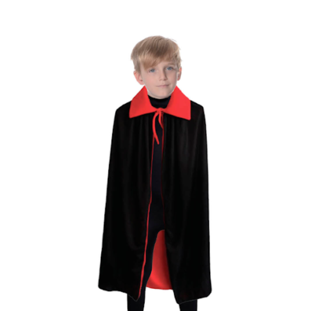 A child wearing the Vampire Cloak Kids Party Costume - 10-14 Years Old, suitable for party costumes or theatrical roles.
