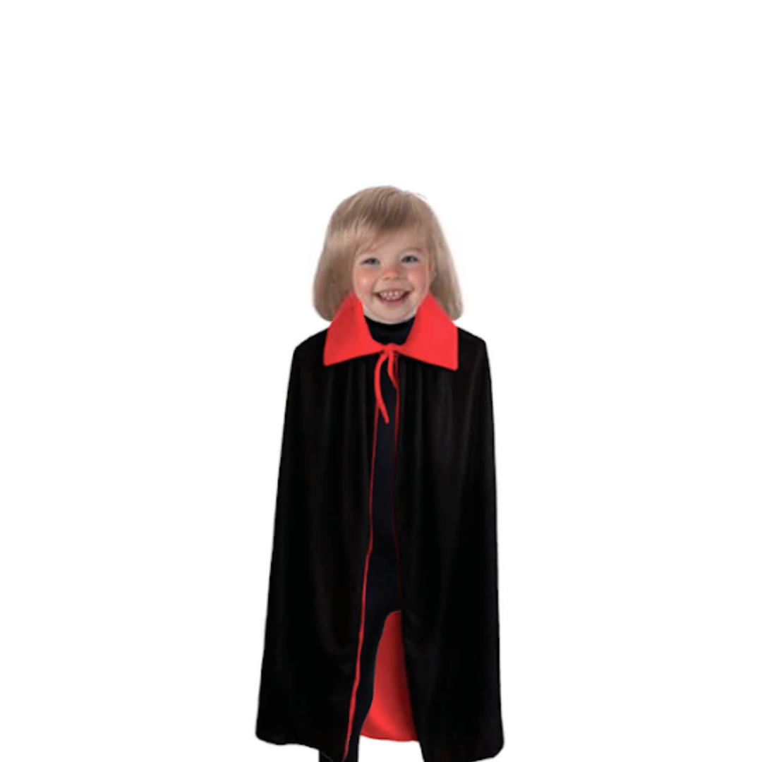 A child wearing the Vampire Cloak Kids Party Costume - 6-9 Years Old, suitable for party costumes or theatrical roles.