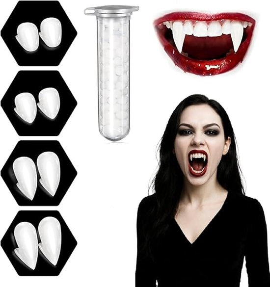 The Vampire Fangs Set with Adhesive – 4 Sizes Reusable Halloween Cosplay Teeth Kit