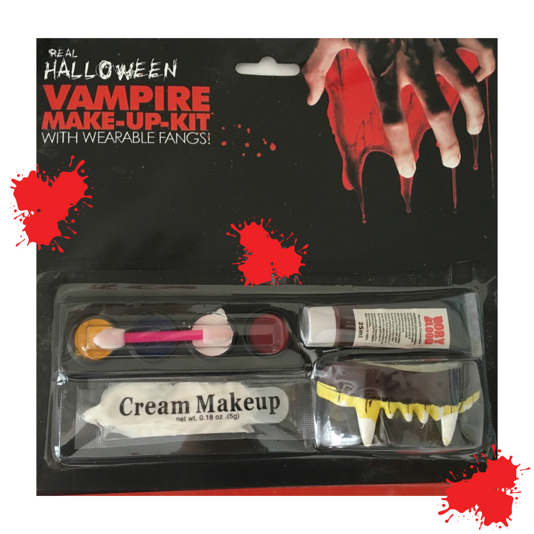 Vampire Make-Up Kit with Wearable Fangs for Costume Party with black packaging against a white background.