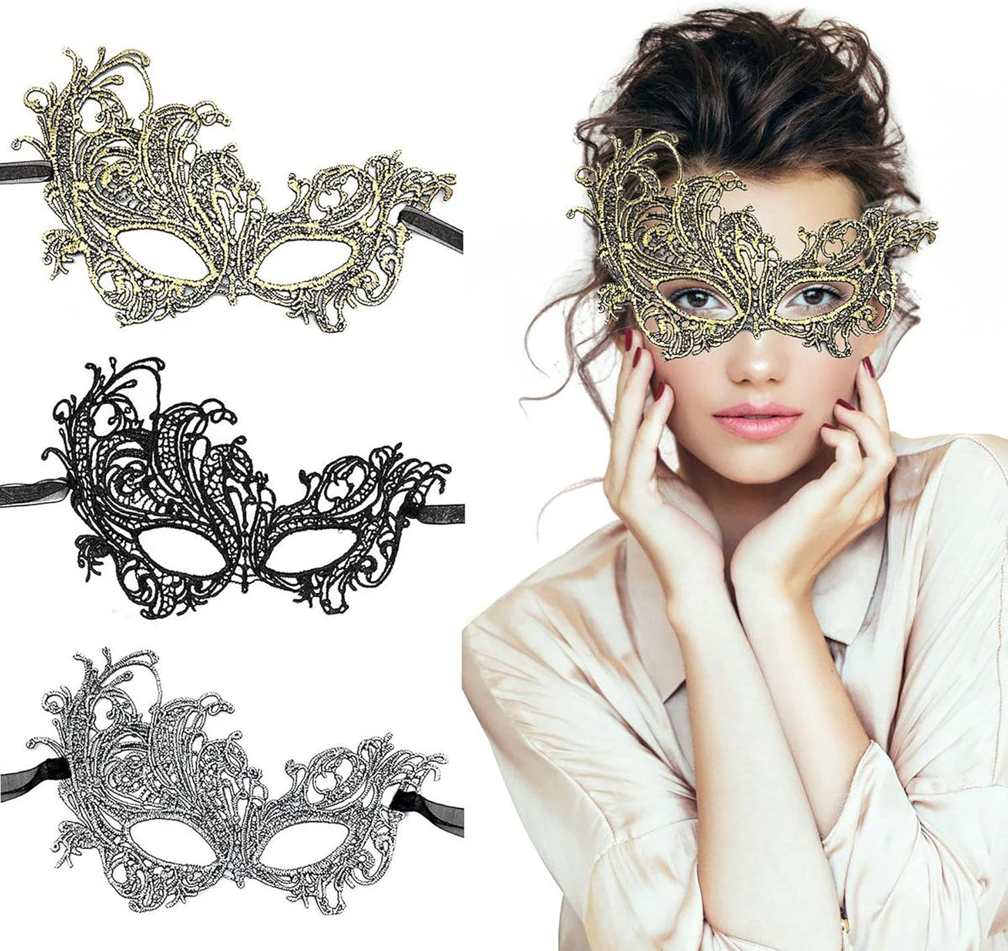 The Venetian Lace Masquerade Mask for Women – Elegant Black Gold Silver Party Mask, featuring a women wearing the gold mask