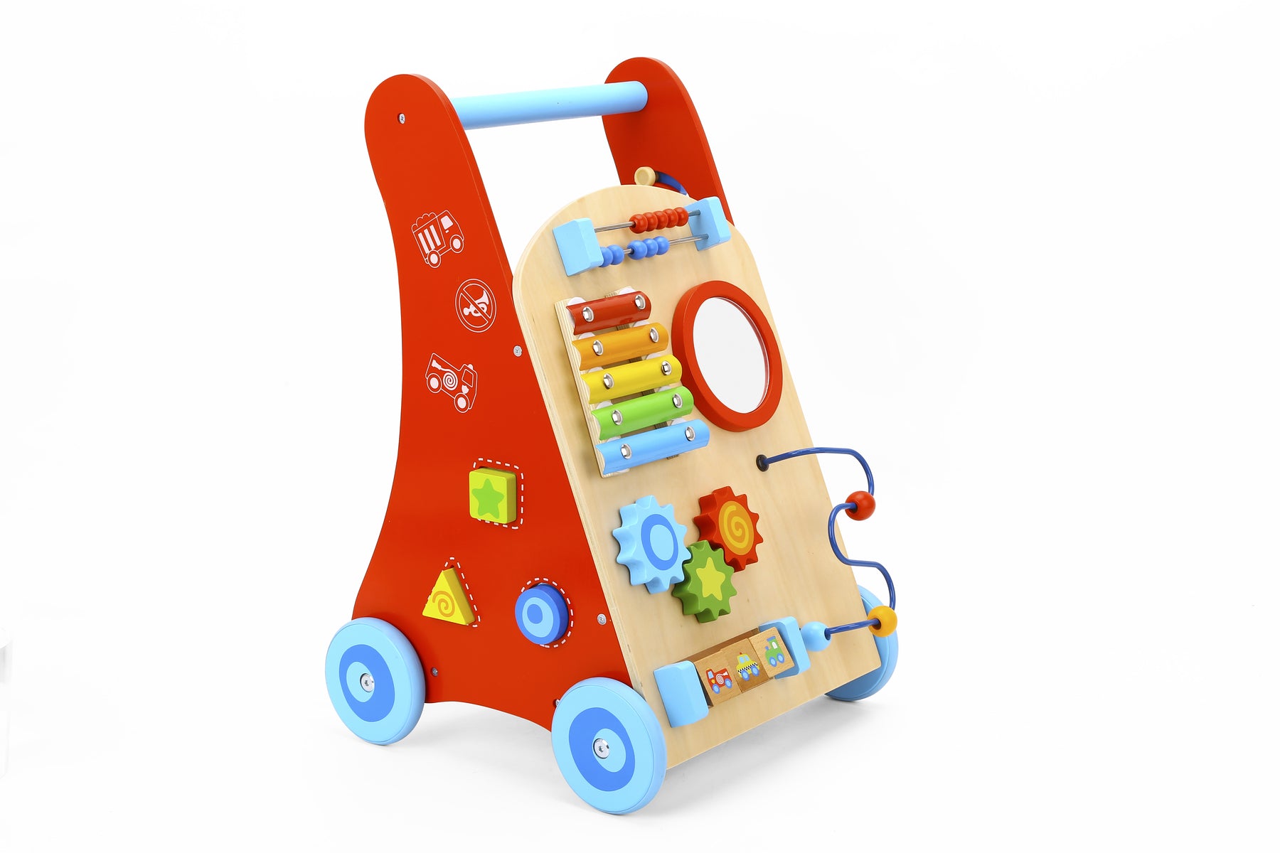 A vibrant red Walk and Learn Baby Walker with interactive elements such as spinning gears, sliding beads, and a round mirror. It has blue accents and is made of wood.