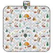 Camping-themed picnic blanket with cute icons on a white background