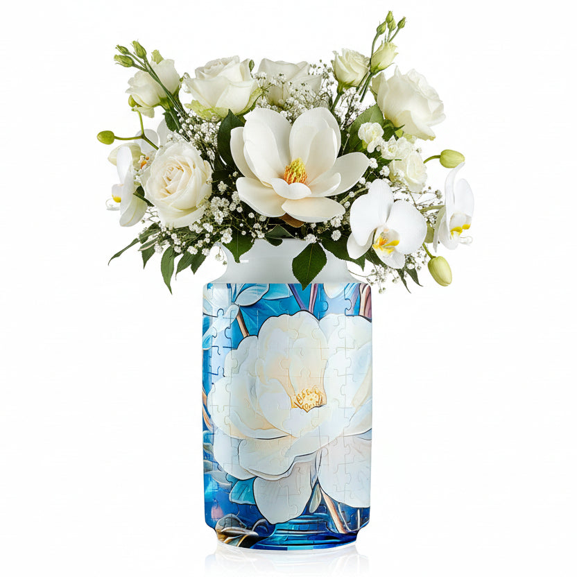 The White Flower DIY 3D Puzzle Vase Creative Jigsaw Flower Holder with Waterproof Liner featuring a floral arrangement