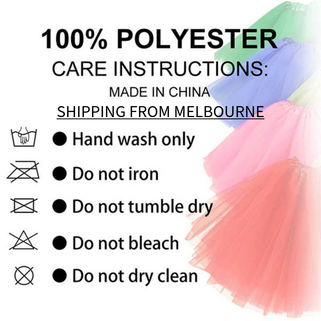 Care instructions for a 100% polyester product with multicolored fabric sample on a white background.