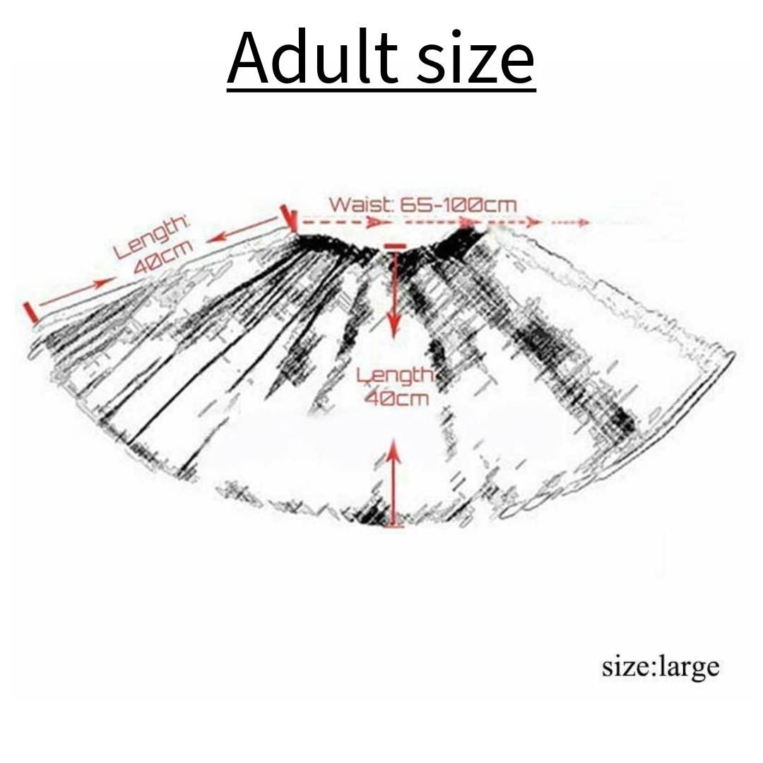 Measurement chart for an adult size tulle tutu skirt with dimensions labelled.