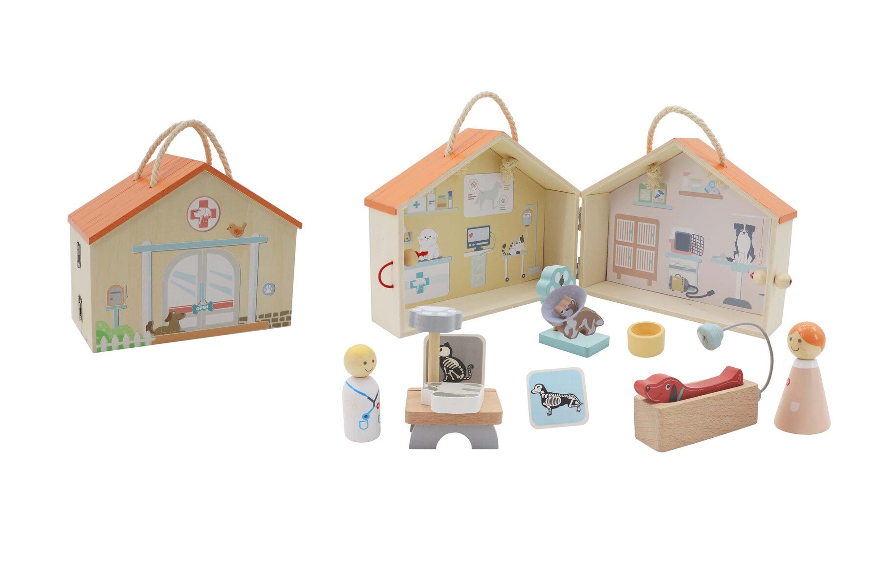 Wooden portable veterinary pet hospital play set, including a small vet clinic, a cat, a dog, and various accessories.
