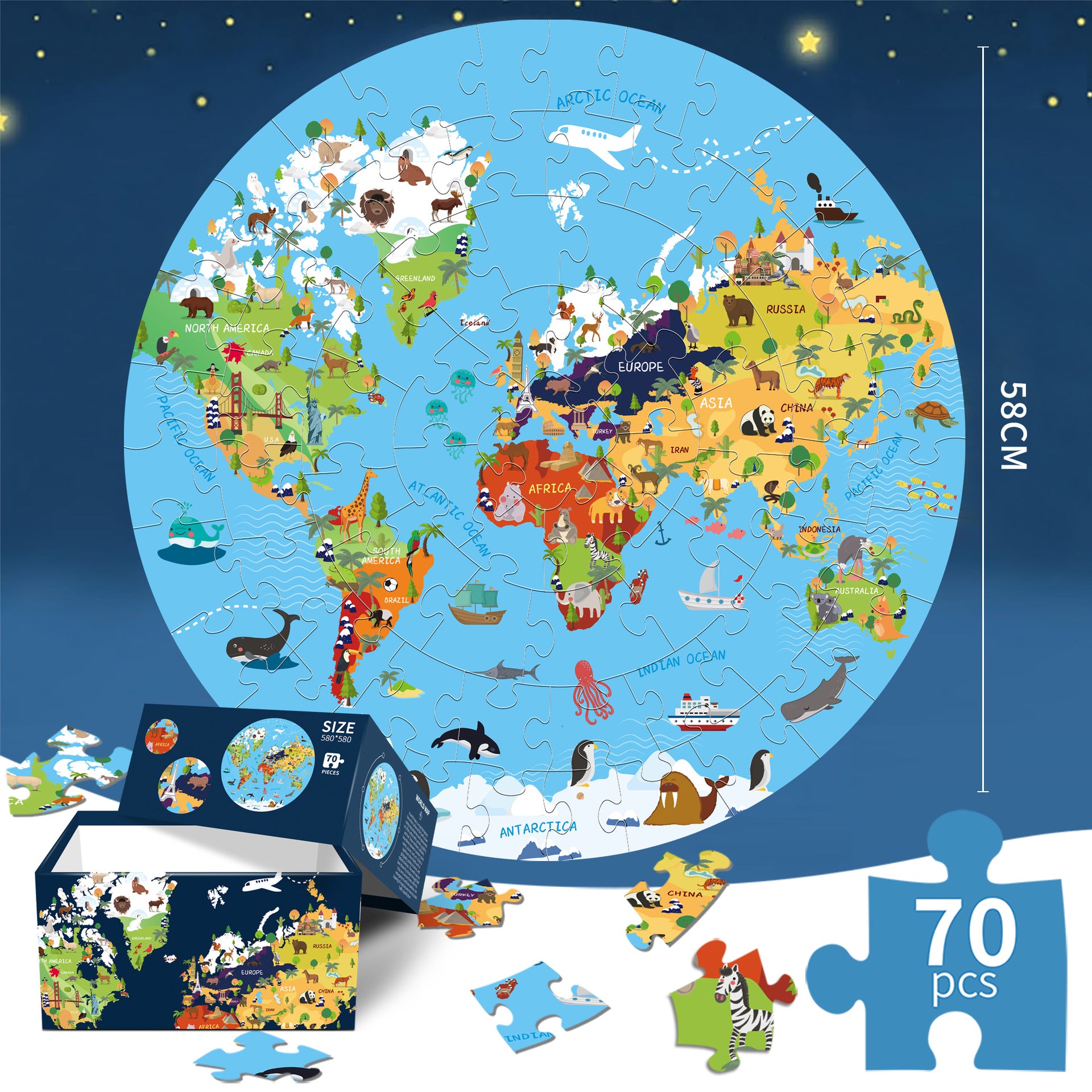 World Animal Jigsaw Puzzle round map with colourful animals and landmarks, displayed with packaging and 70 pieces.