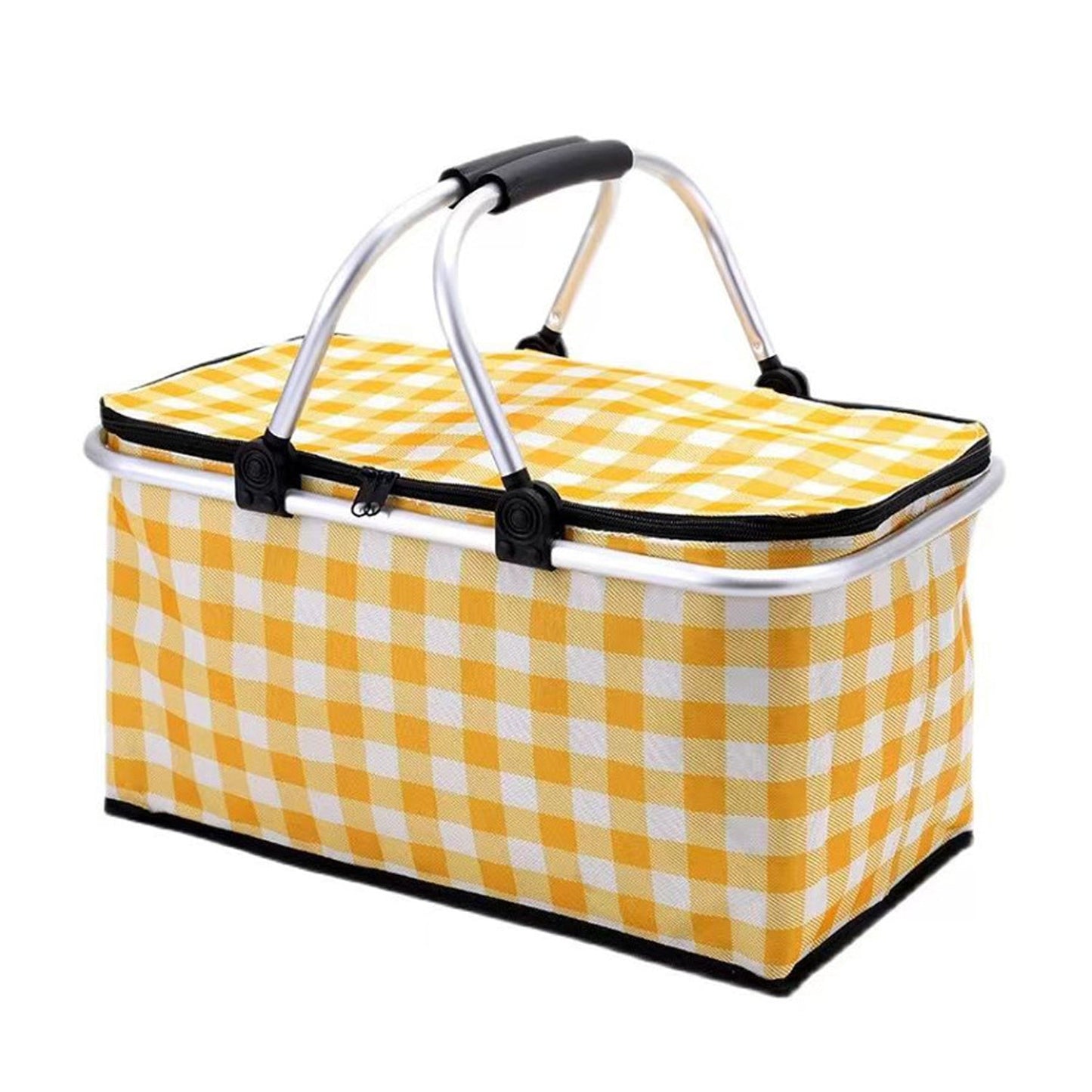 Yellow Checkered Picnic Basket with a handle on a white background