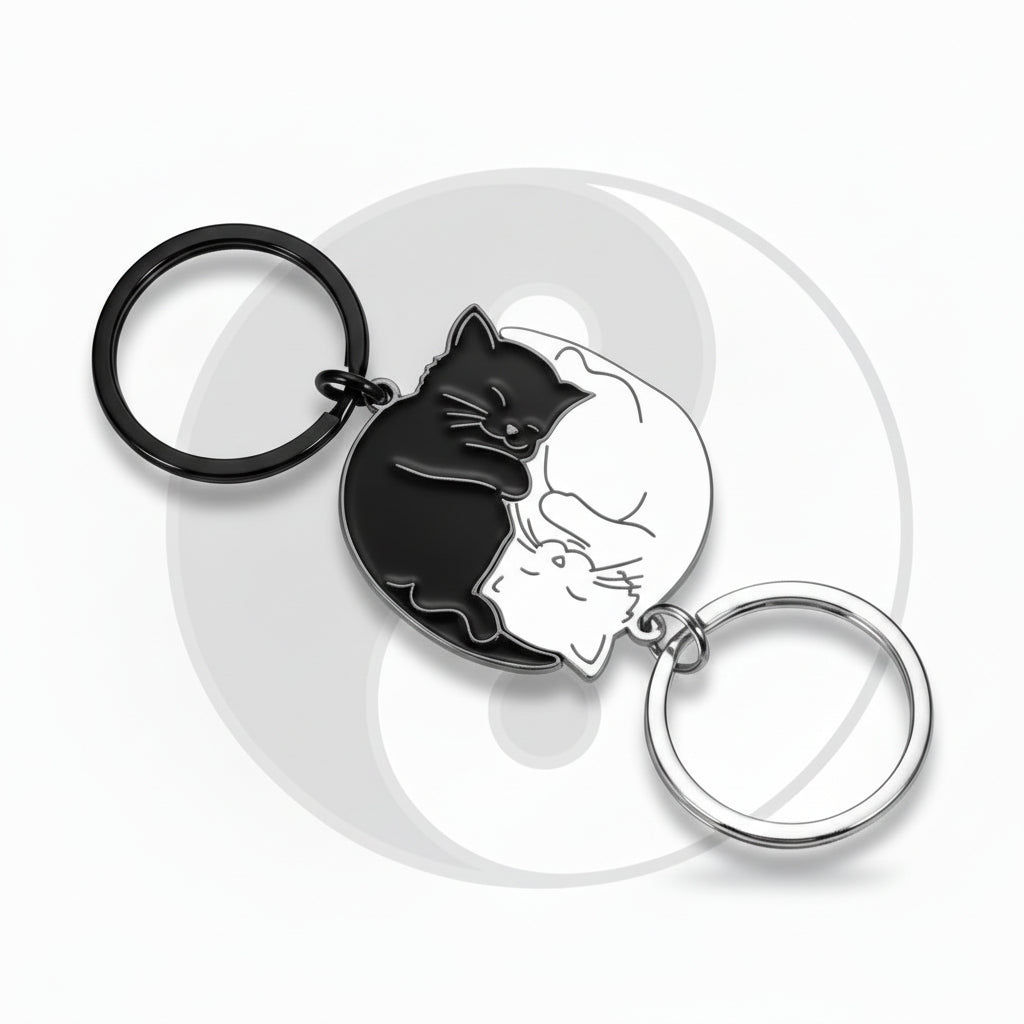 The Yin Yang Cat Couple Keychain Set – Matching Black & Silver Cats Interlocking Keyrings Gift, a beautifully designed pair of interlocking black and white cats that fit perfectly together.