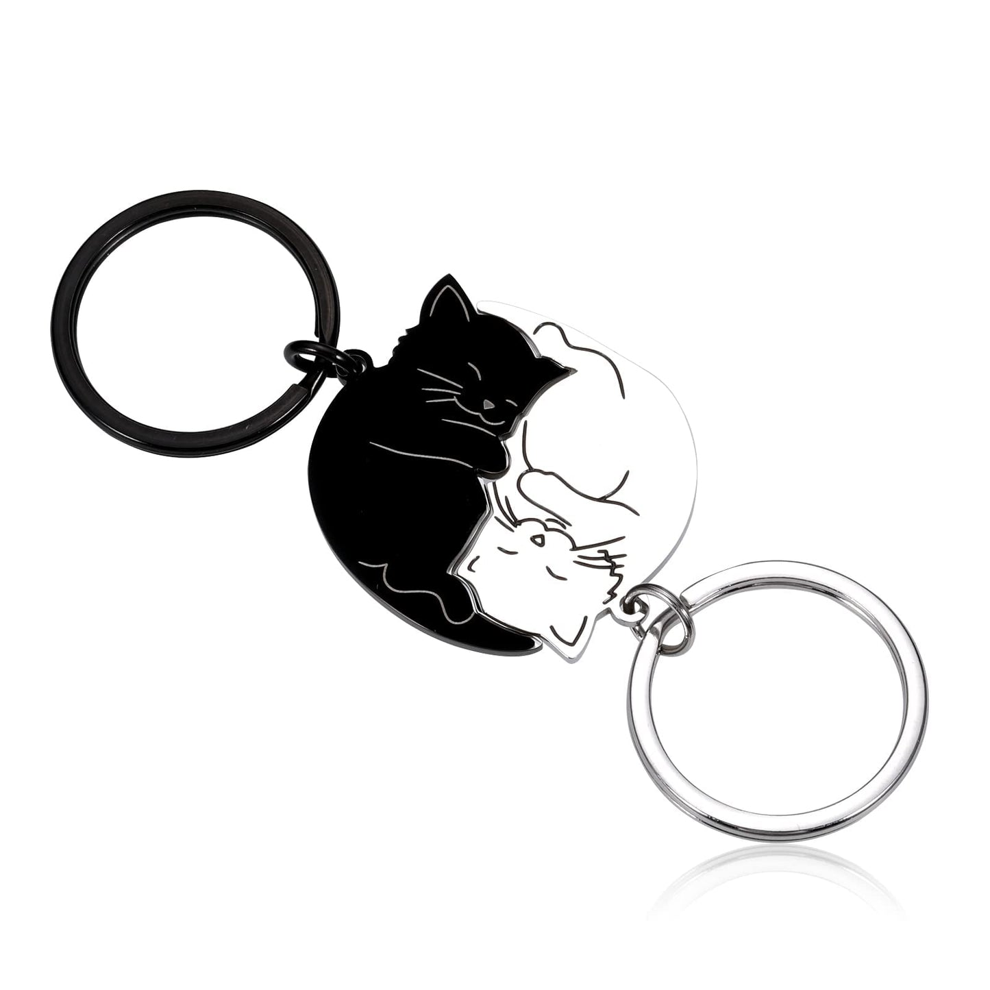 Yin Yang Cat Couple Keychain Set – Matching Black & Silver Cats Interlocking Keyrings Gift