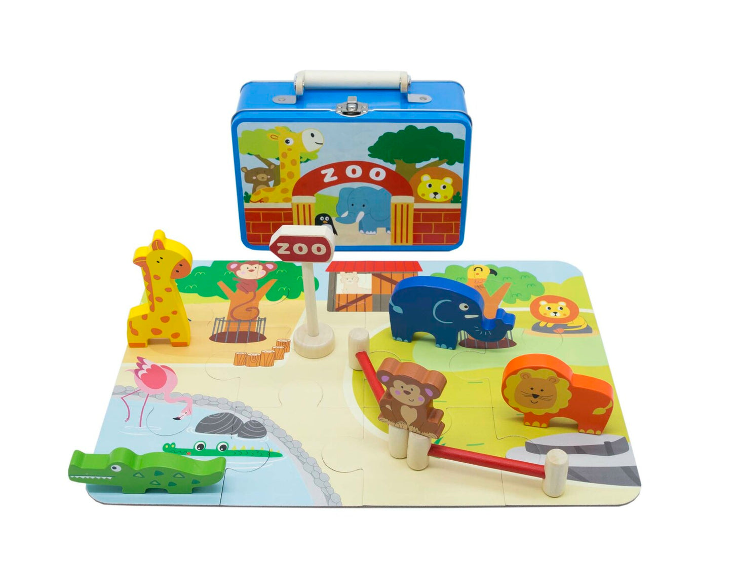 A colourful Zoo Play Set in Tin Case with wooden zoo animals and a jigsaw puzzle mat with an elephant, monkey, giraffe, lion, and a crocodile, as well as a road sign and fencing pieces, packaged in a tin case.