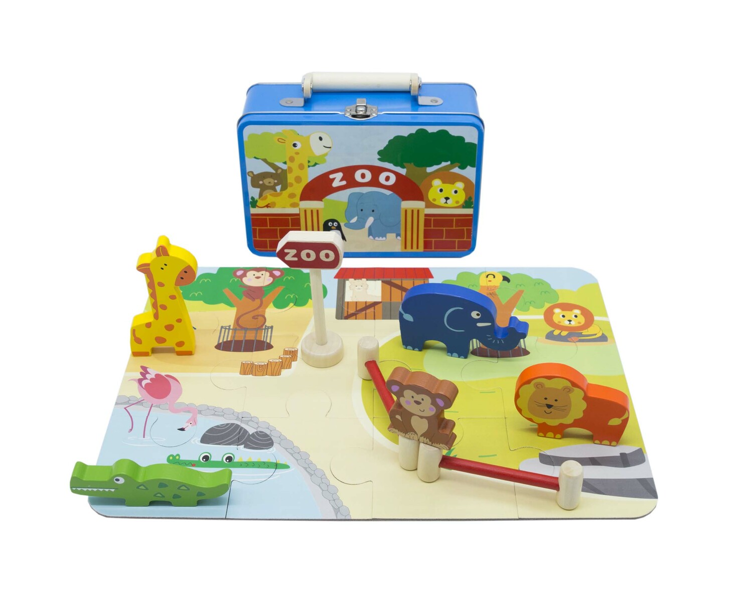 A colourful Zoo Play Set in Tin Case with wooden zoo animals and a jigsaw puzzle mat with an elephant, monkey, giraffe, lion, and a crocodile, as well as a road sign and fencing pieces, packaged in a tin case.