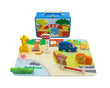 A colourful Zoo Play Set in Tin Case with wooden zoo animals and a jigsaw puzzle mat with an elephant, monkey, giraffe, lion, and a crocodile, as well as a road sign and fencing pieces, packaged in a tin case.