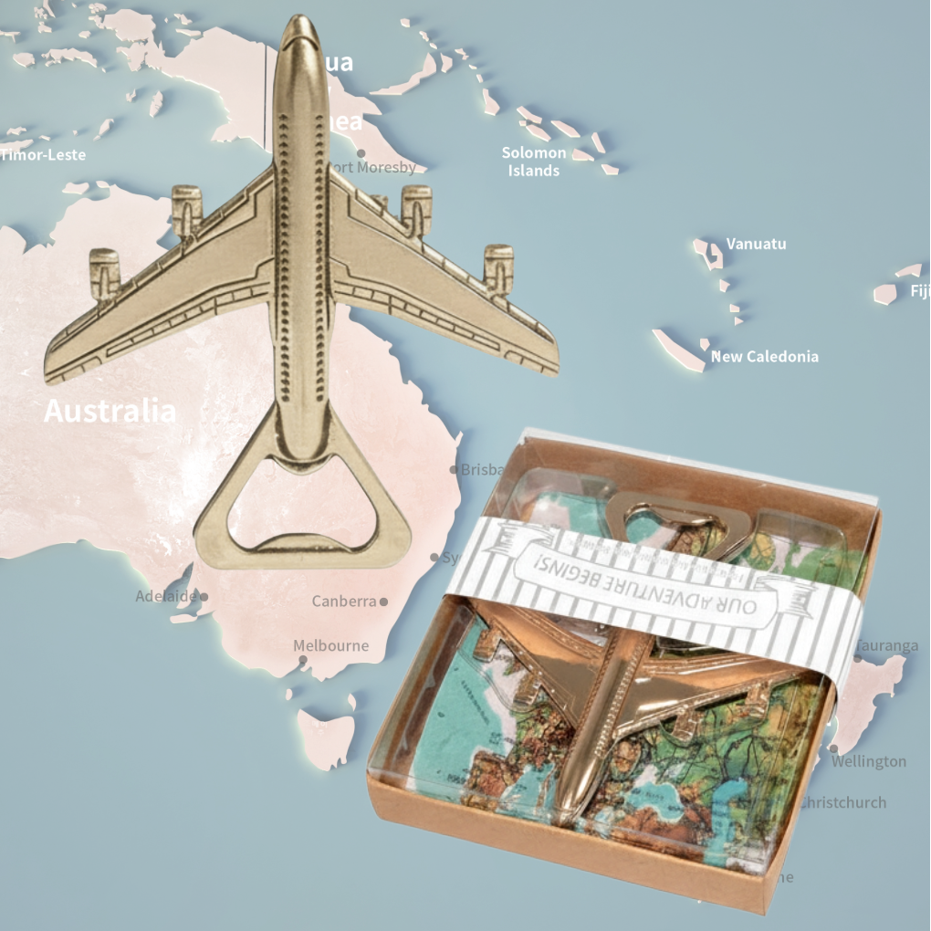 Gold-tone airplane bottle opener on a map of Australia with a gift box.