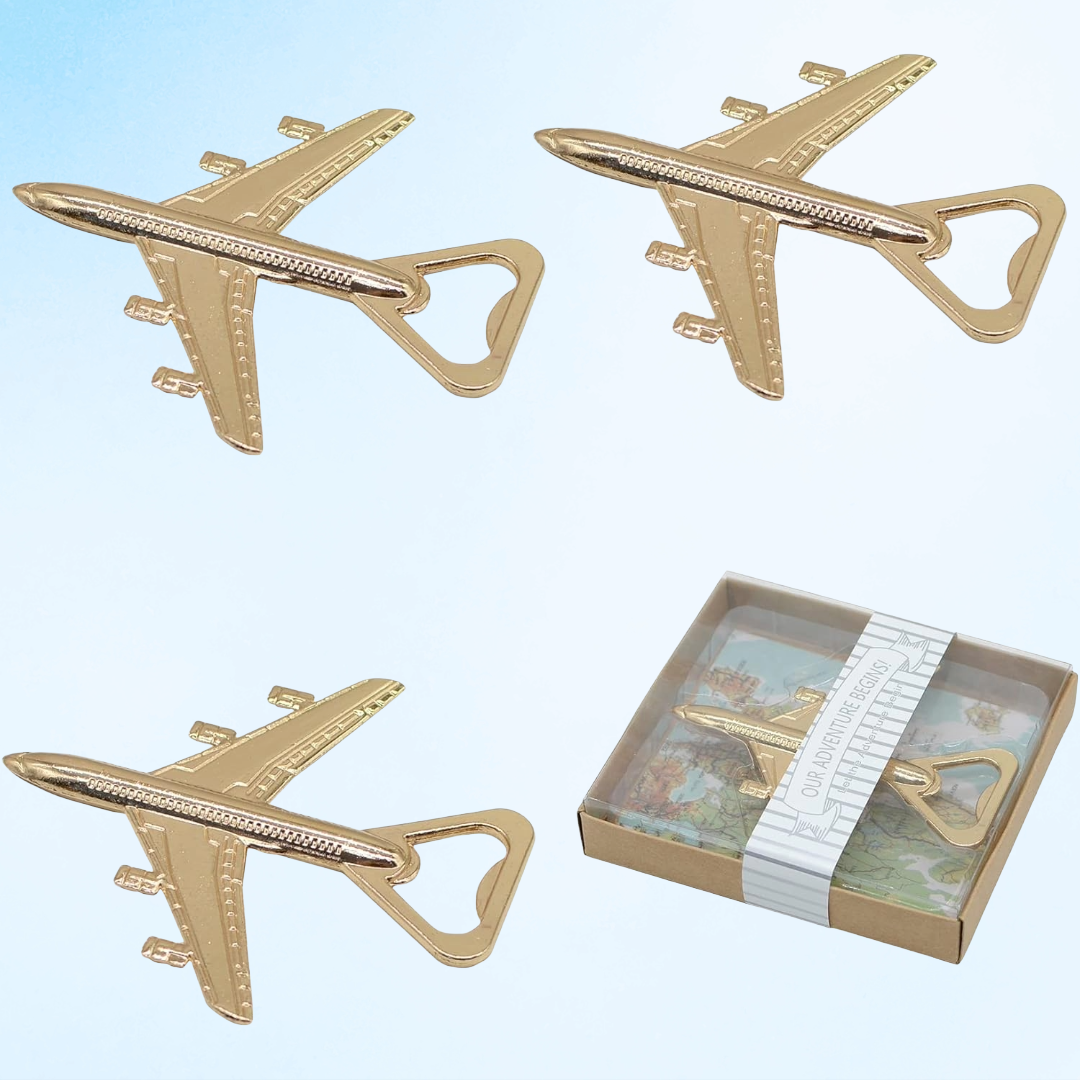Gold-tone airplane-shaped bottle openers with packaging on a light blue background