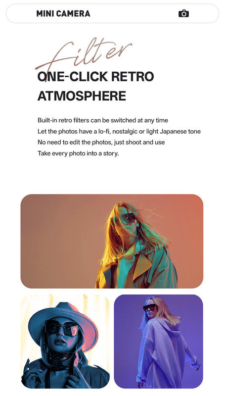 Promotional graphic for a one-click retro atmosphere filter with text and examples of filtered images.